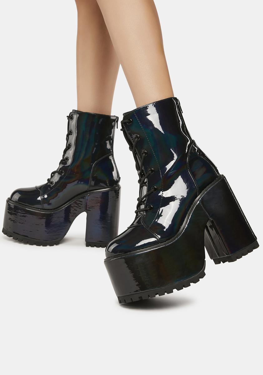 Y.R.U. Holographic Patent Vegan Leather Lace Up platform Boots - Black ...