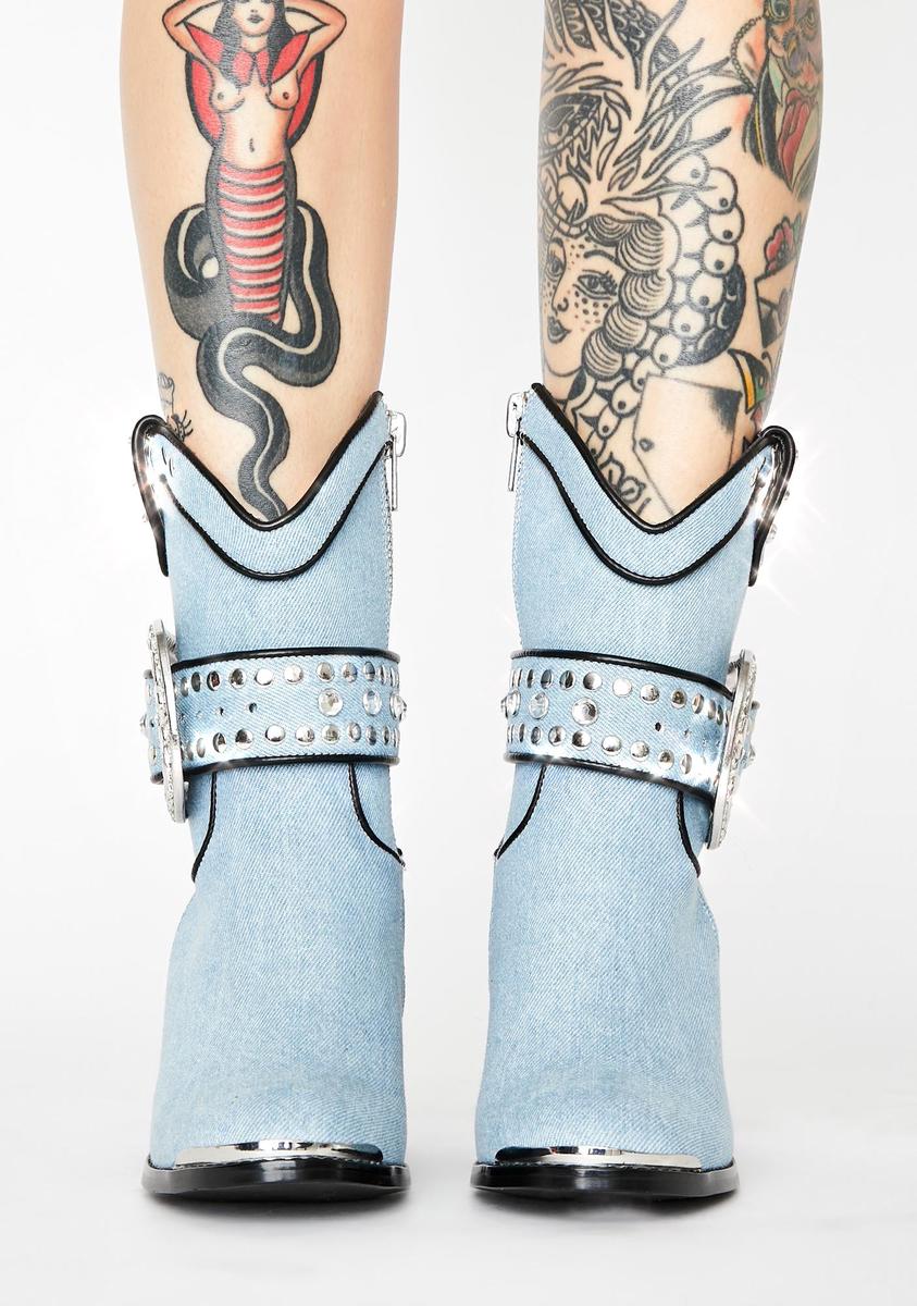 Club Exx Denim Rhinestone Cowboy Boots - Blue – Dolls Kill