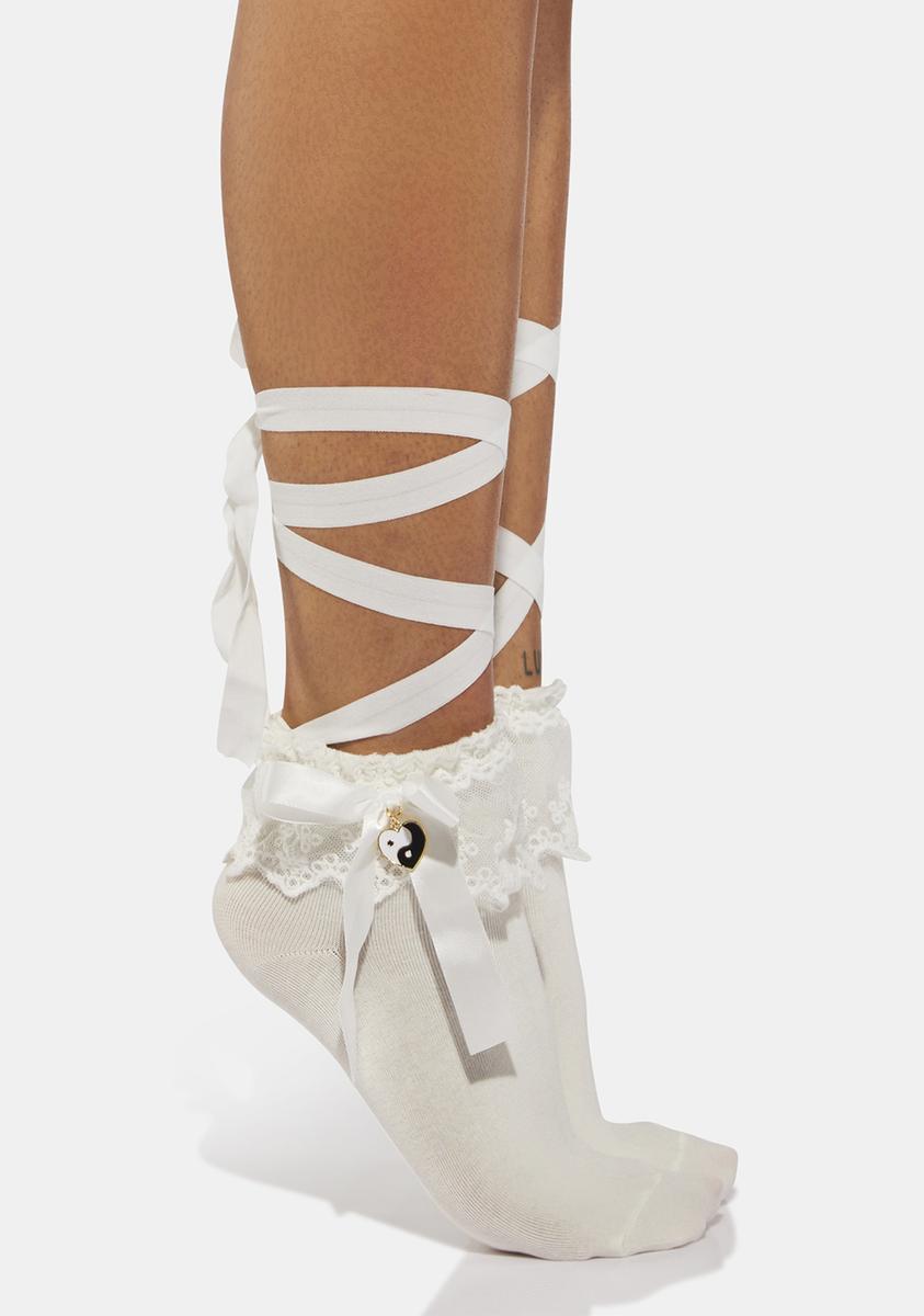 Ribbon Lace Up Socks With Yin Yang Heart Charms - White – Dolls Kill