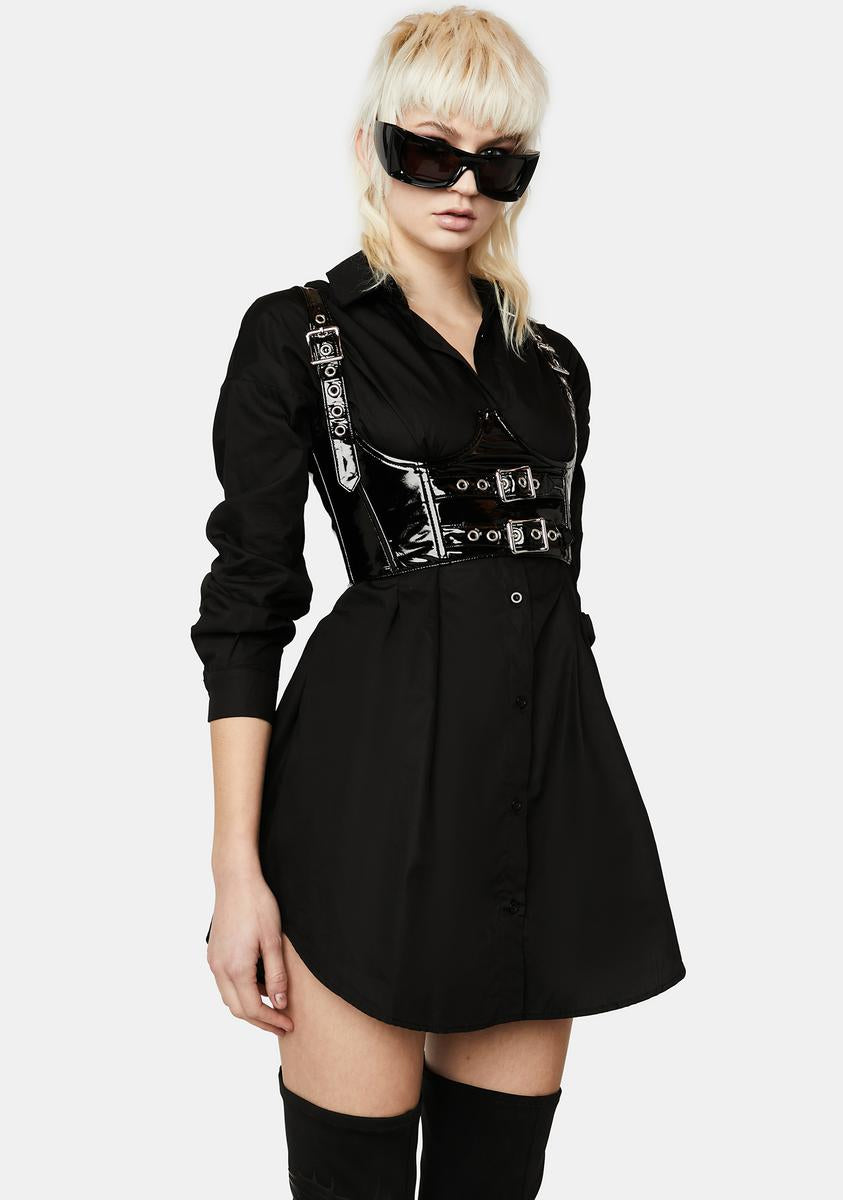 Oversized Cinched Waist Collared Button Down Shirt Dress - Black ...