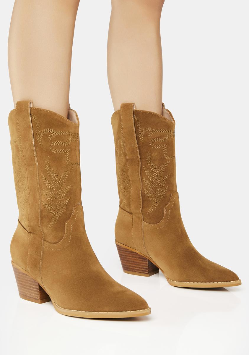 Suede Heeled Stitched Cowboy Boots Brown/CamelNN Dolls Kill