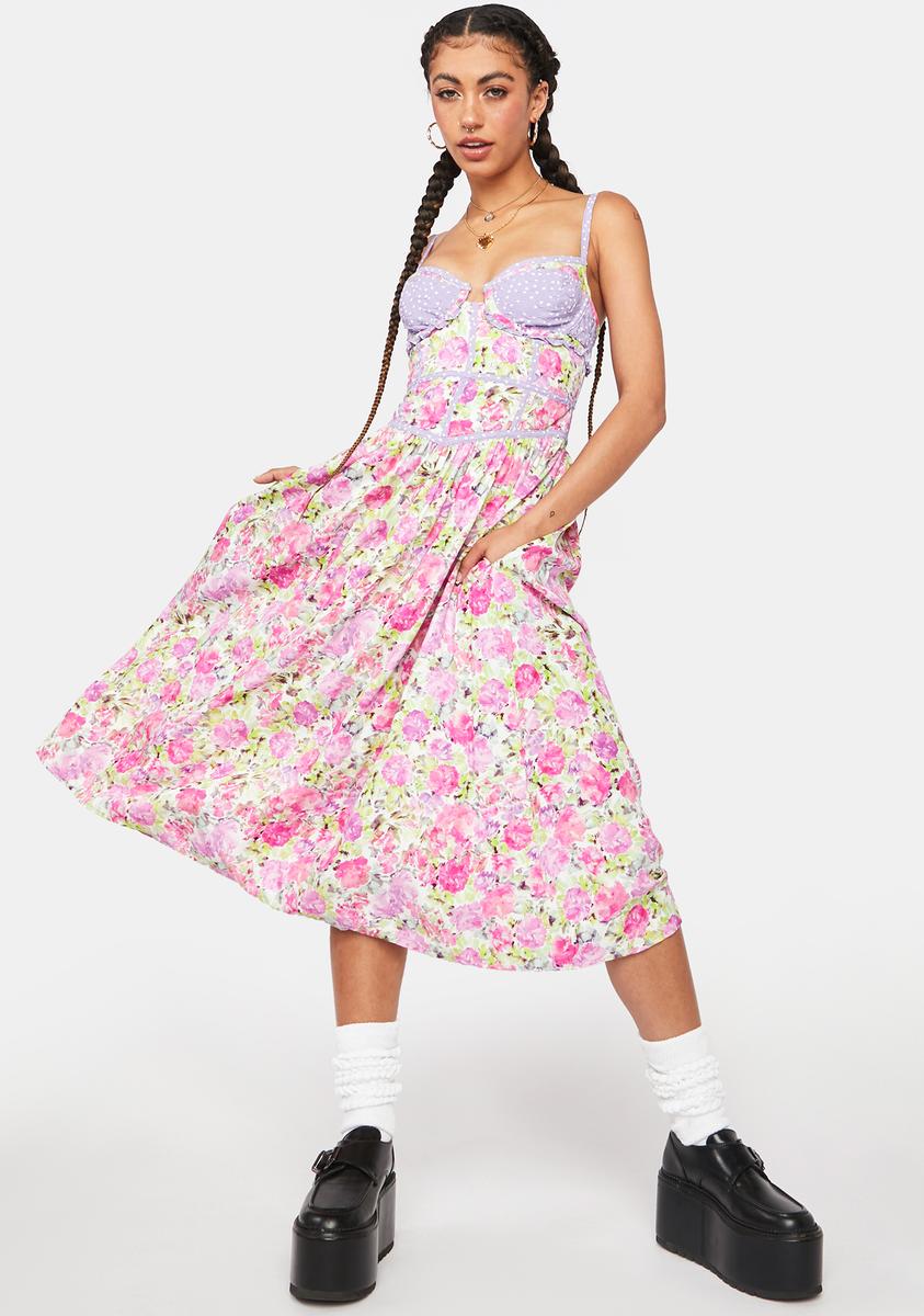 knee length dresses for ladies For Love & Lemons Floral Polka Dot Midi Dress