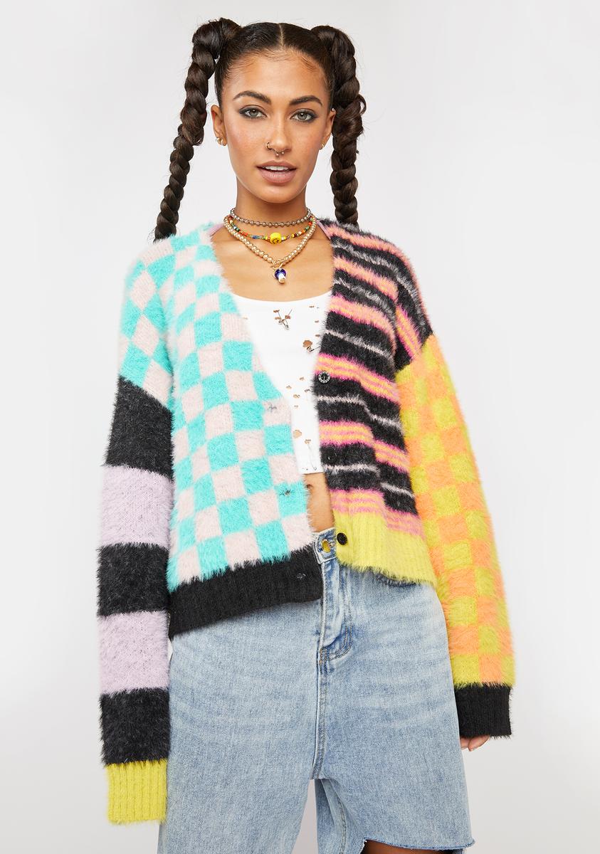 The Ragged Priest Fuzzy Knit Striped Patchwork Cardigan Multicolor ...