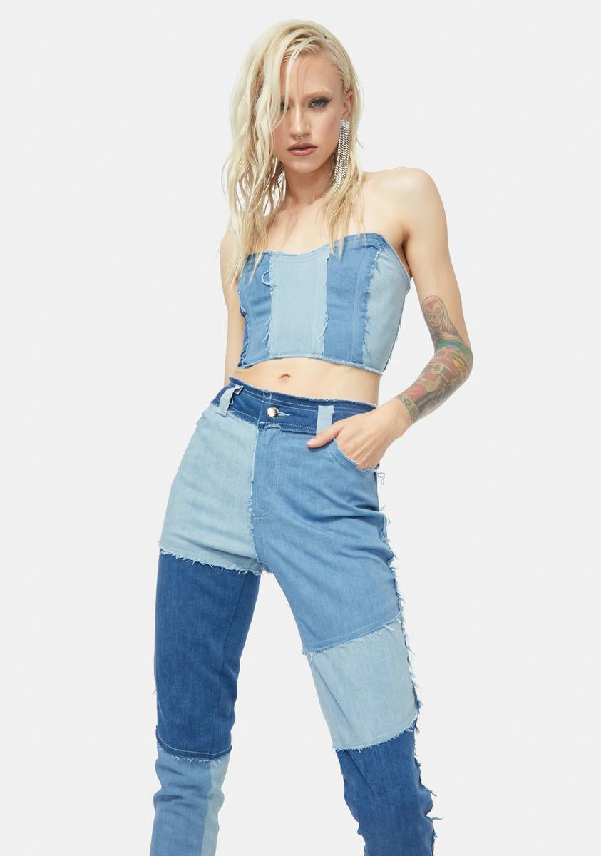 Of The Age Patchwork Denim Pants Set,New Products : American Fashion Style Bags On Sale