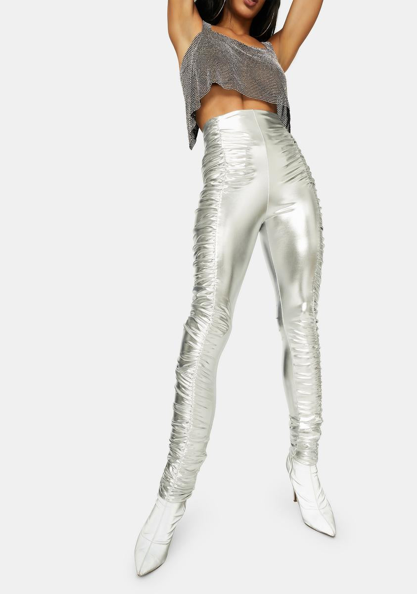 Ruched Metallic High Waist Skinny Pants - Silver – Dolls Kill