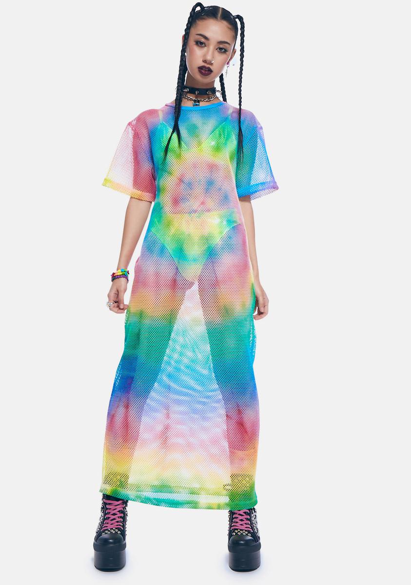 rainbow tie dye maxi dress Tie Dye Fishnet Maxi Dress