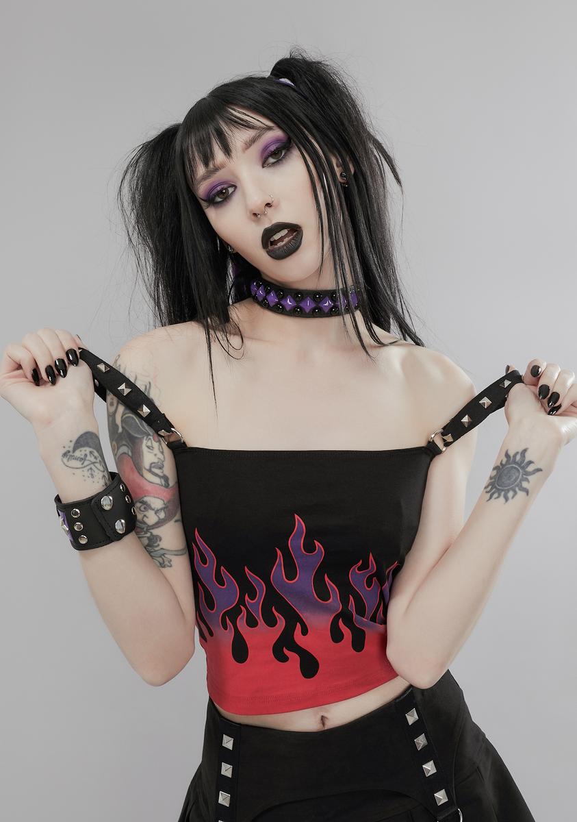 Widow Mall Goth Flame Print Studded Strap Crop Top - Black – Dolls Kill