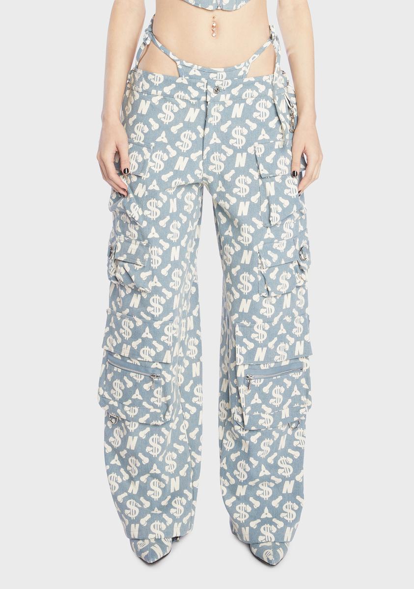 Monogram Denim Baggy Workwear Pants Namilia,New Products : American Fashion Style Bags On Sale
