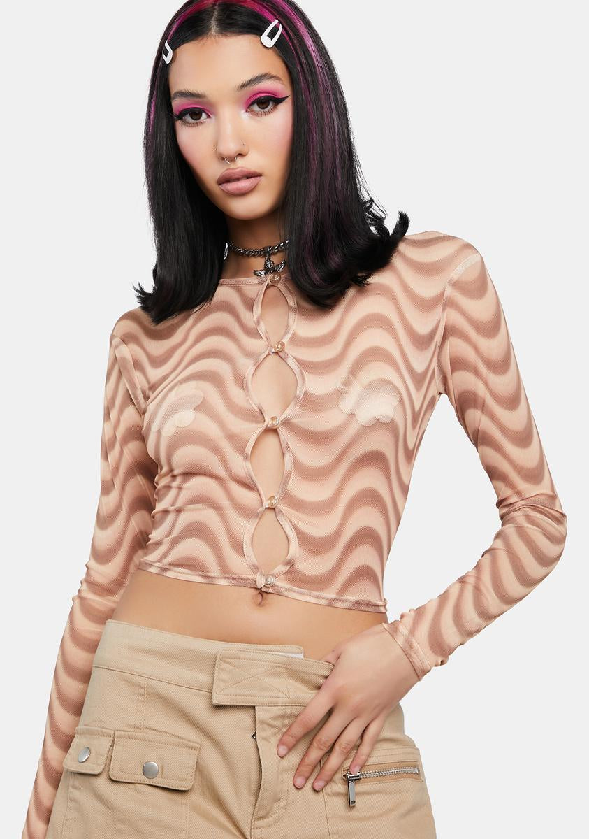 Brown Wave Print Mesh Top Daisy Street,All Products : American Fashion Style Bags On Sale