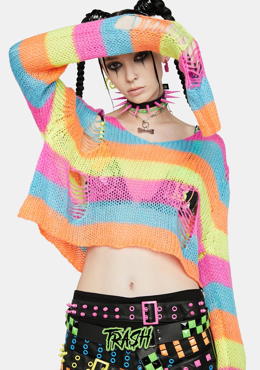Current Mood Multi Neon Striped Distressed Crop Sweater Dolls Kill