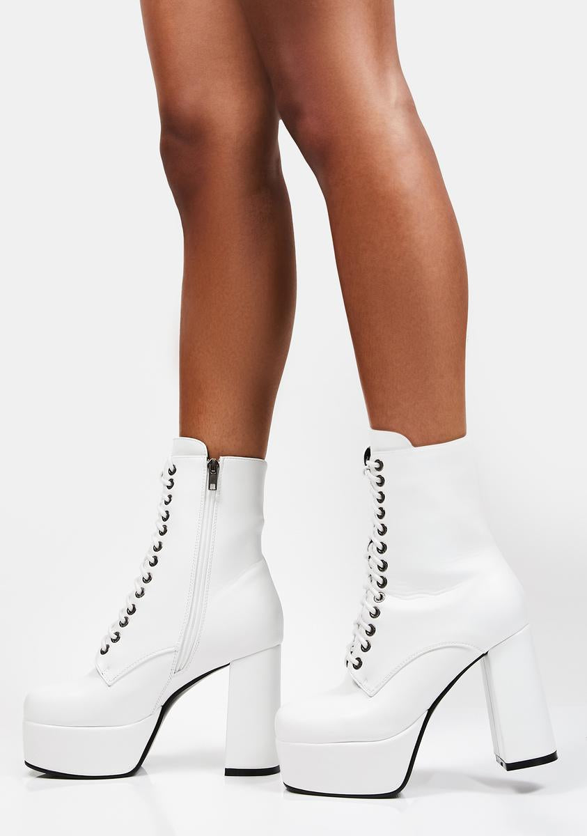  Lovee Cosee White Platform Boots for Women Lace up