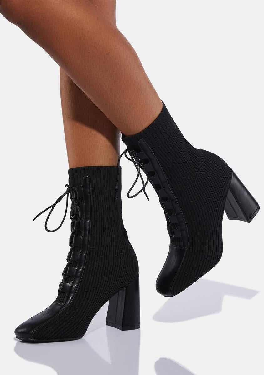 Knit Ribbed Vegan Leather Ankle Booties - Black – Dolls Kill