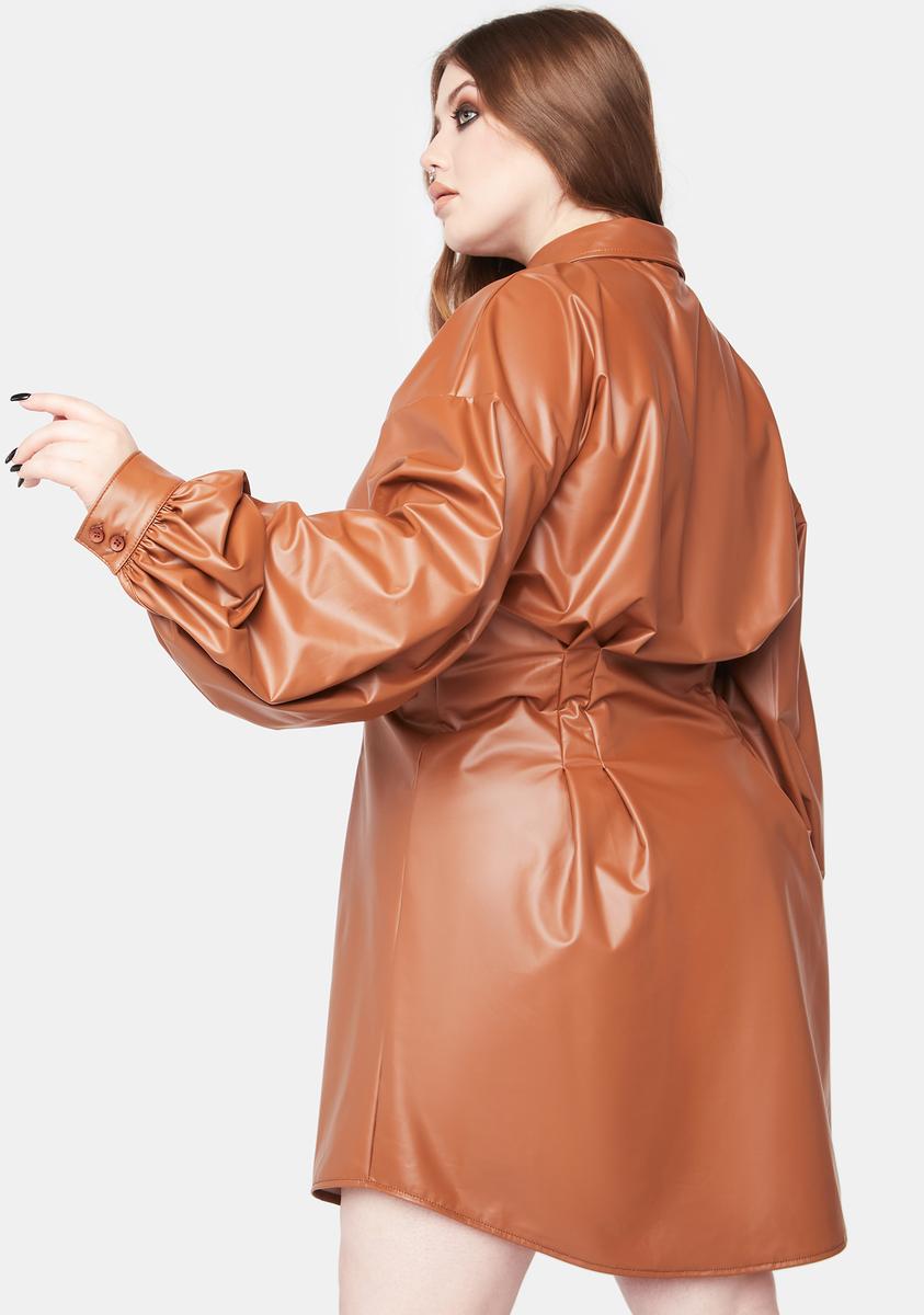 Plus Size Vegan Leather Oversized Balloon Sleeve Shirt Dress - Brown   Dolls Kill