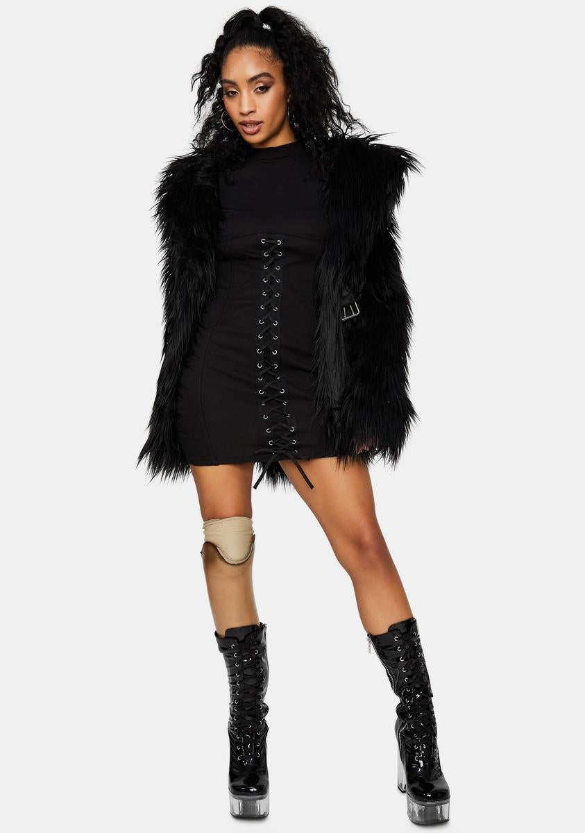 Bodycon Dress Black Dress With Fur Vest Scoop Neck Embroidered Swirl Detail Mini Bodycon Vest Dress Bodycon Dress Black Dress With Fur Vest Scoop Neck Embroidered Swirl Detail Mini Bodycon Vest Dress