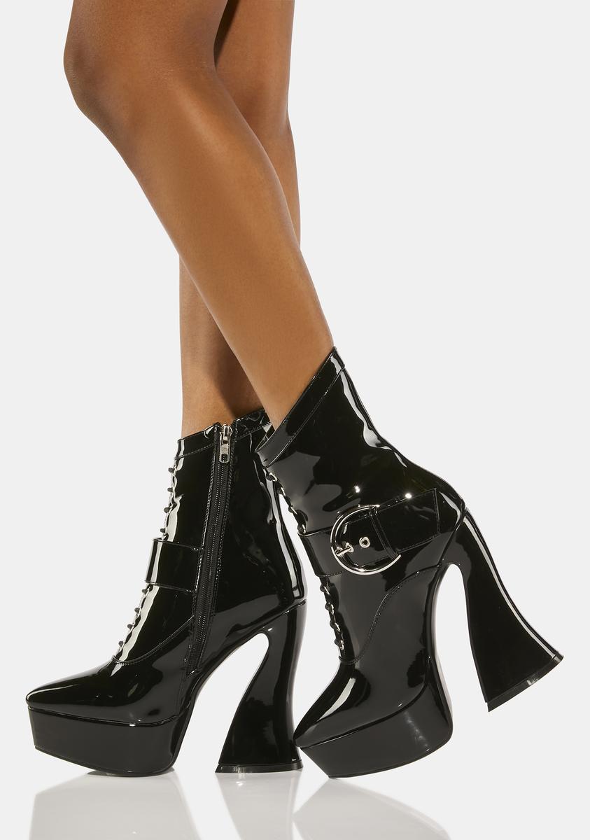 Lamoda Patent Platform Buckled Heeled Boots - Black – Dolls Kill