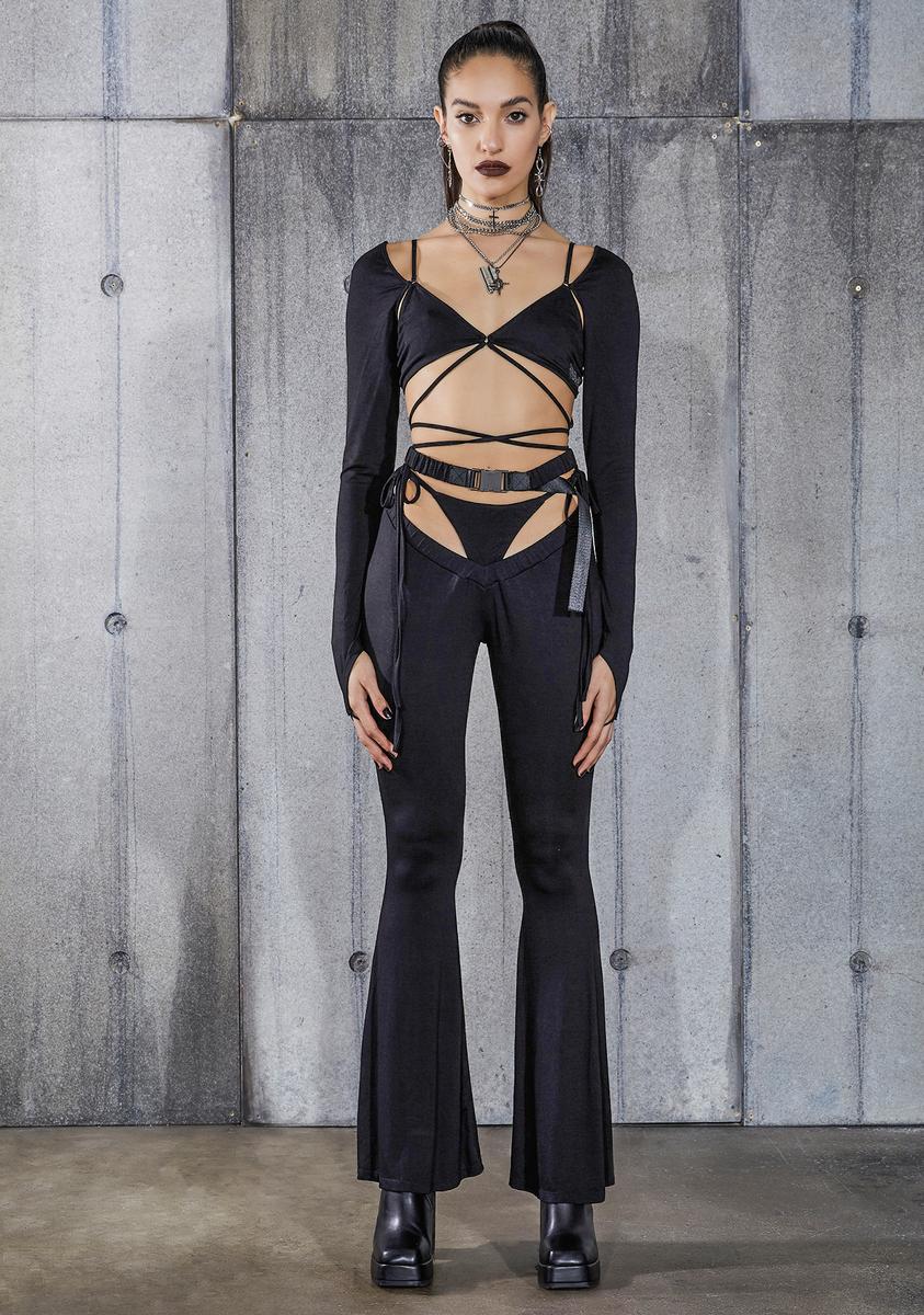 Darker Wavs Tie Thong Cut Out Flare Pants - Black – Dolls Kill