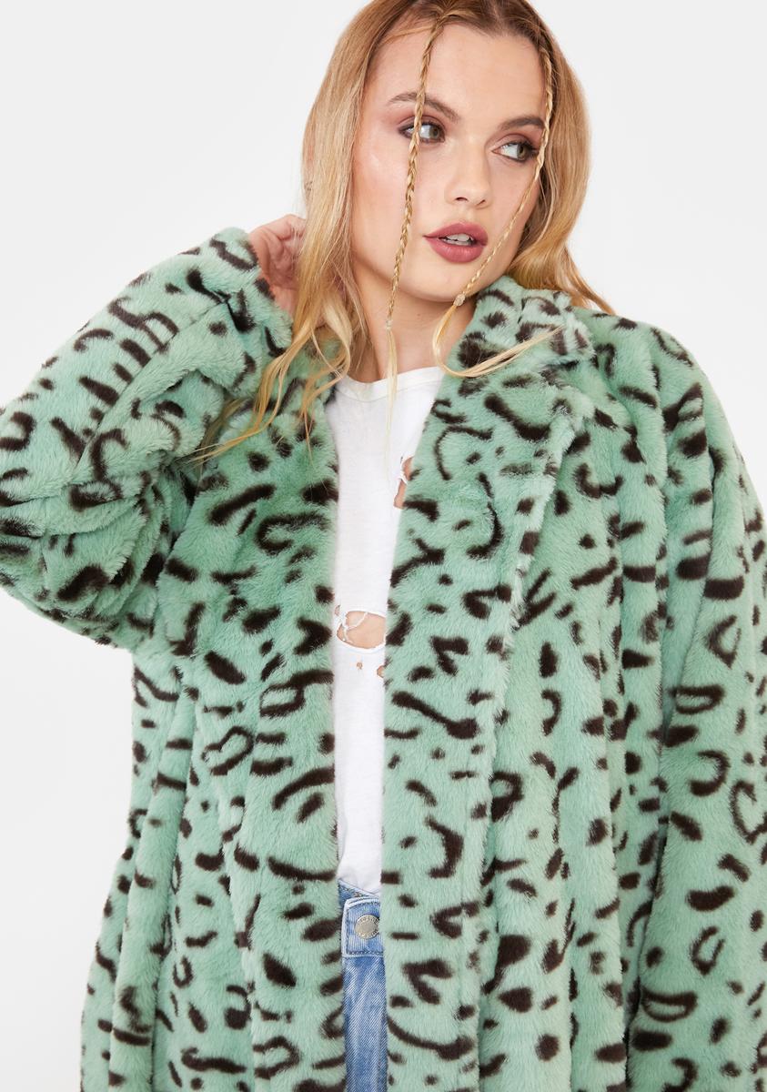 Faux Fur Leopard Print Longline Coat - Mint – Dolls Kill