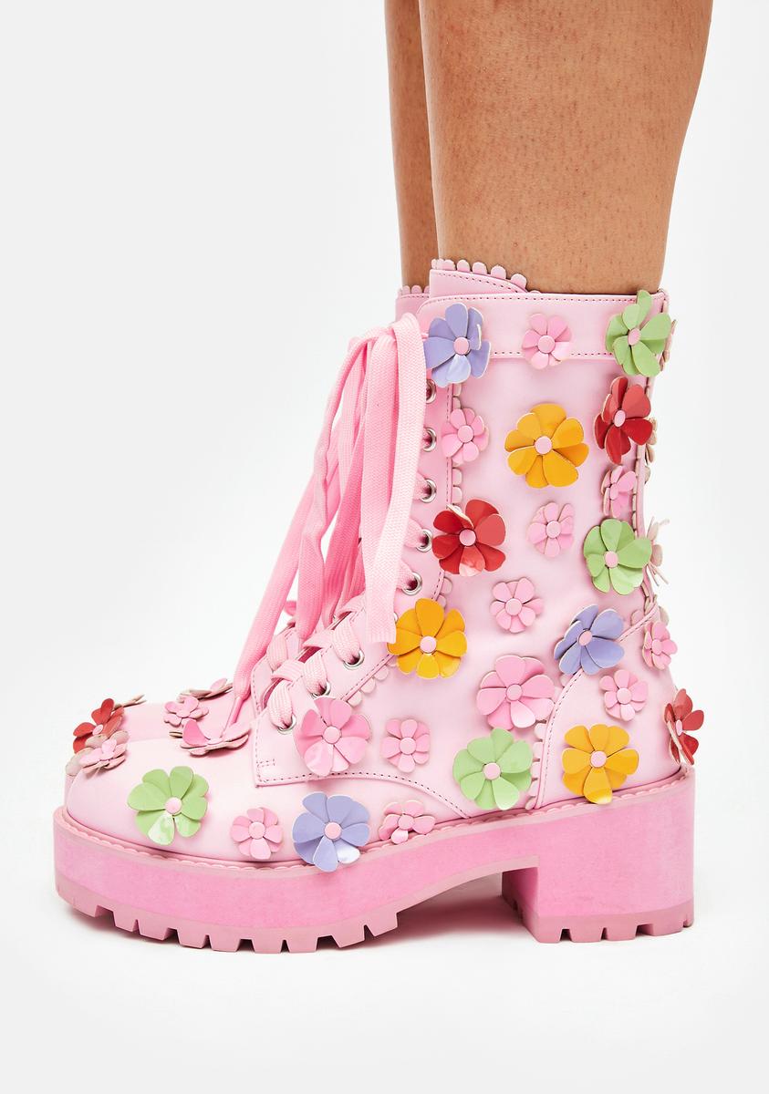 Sugar Thrillz Flower Decal Platform Combat Boots - Pink