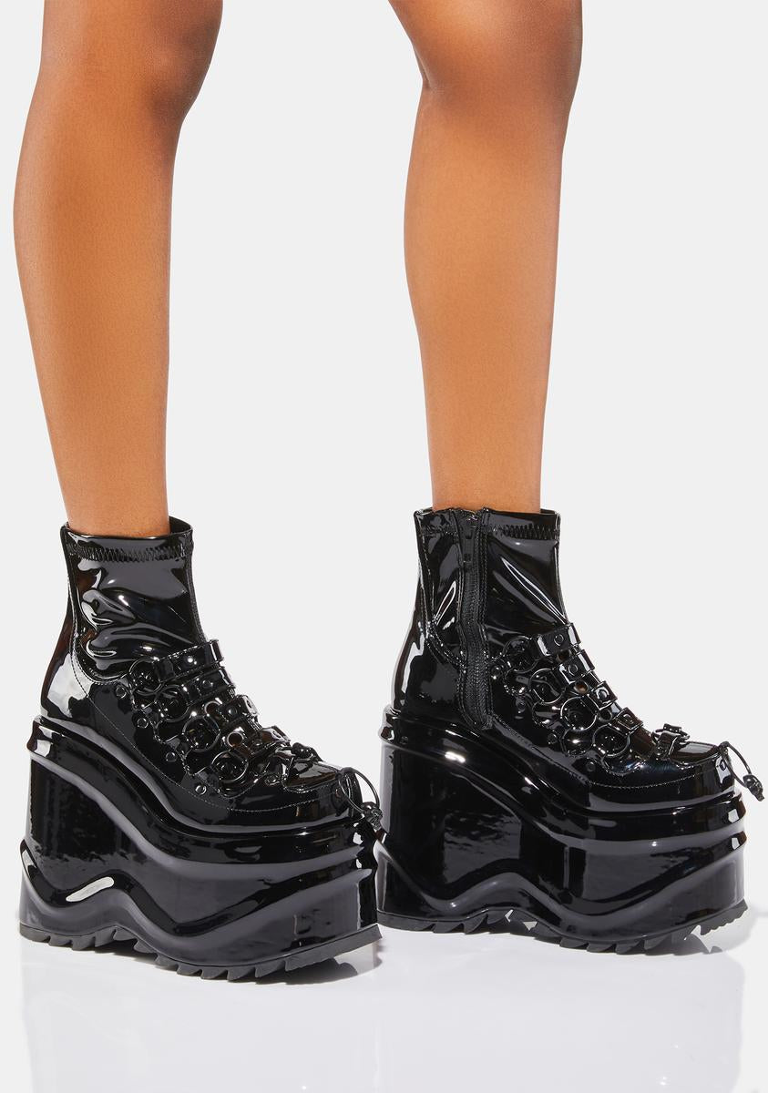 Demonia Strappy Skull O Ring Wedge Platform Ankle Boots - Black