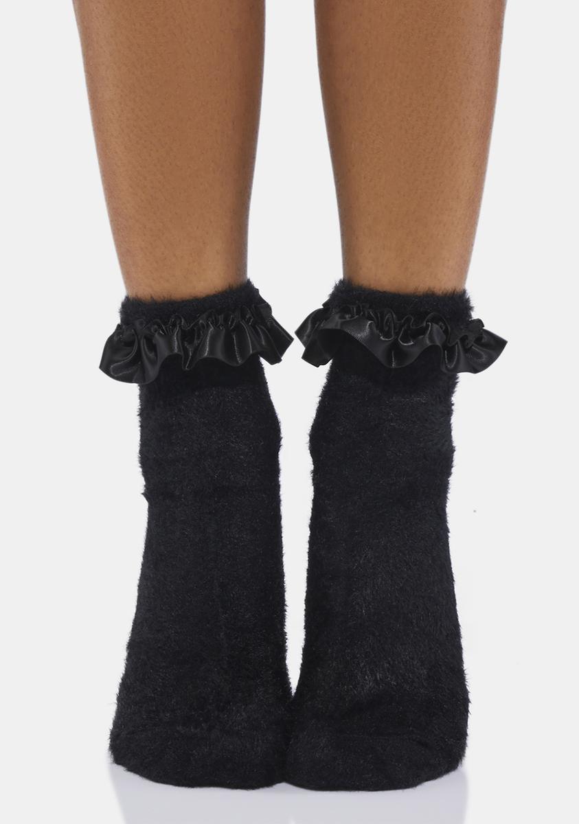 Fuzzy Satin Ruffle Trim Ankle Socks Black – Dolls Kill