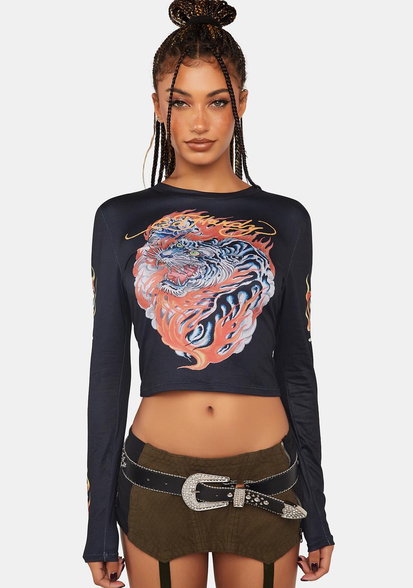 Flaming Tiger Long Sleeve Crop Tee Ed Hardy X Dolls Kill,Specials : American Fashion Style Bags On Sale