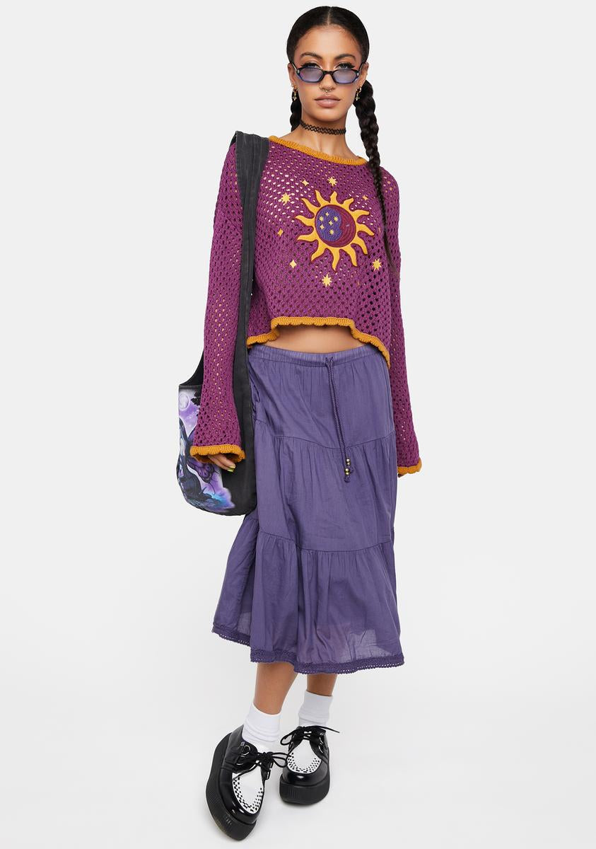 Minga Sun And Moon Crochet Cropped Sweater - Multi – Dolls Kill