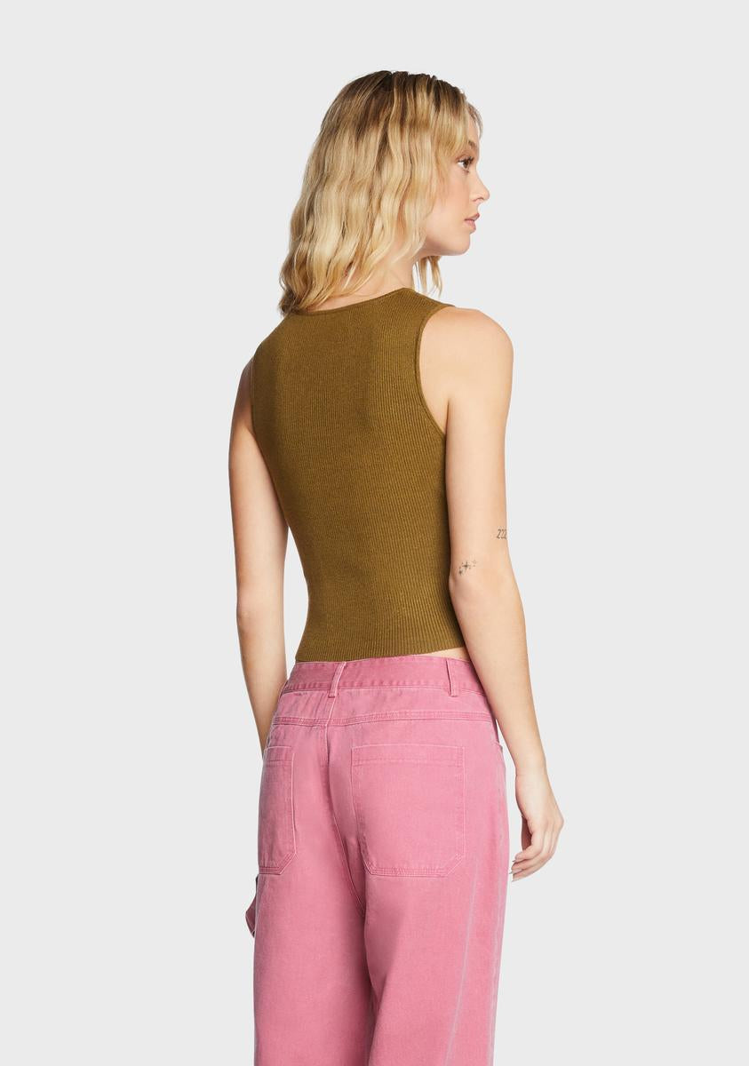 Pretty Garbage Ribbed Knit Keyhole Cut Out Sleeveless Crop Top - Olive ...