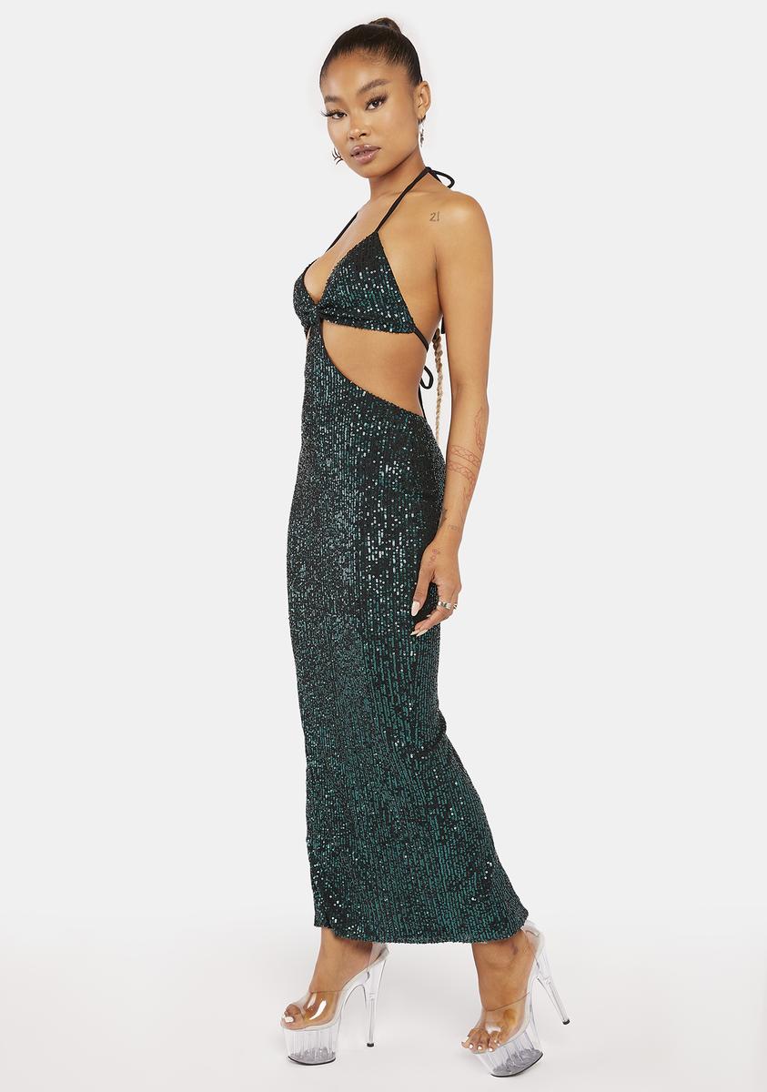 Sequin Rhinestone Cut Out Maxi Dress - Dark Green Dolls Kill Sequin Rhinestone Cut Out Maxi Dress - Dark Green Dolls Kill