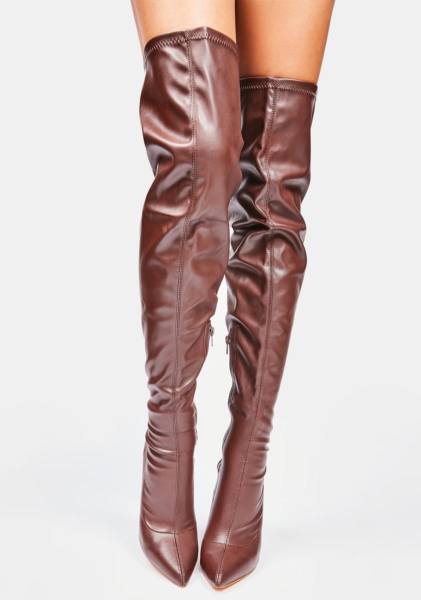 Vegan Leather Thigh High Stiletto Boots Brown Dolls Kill