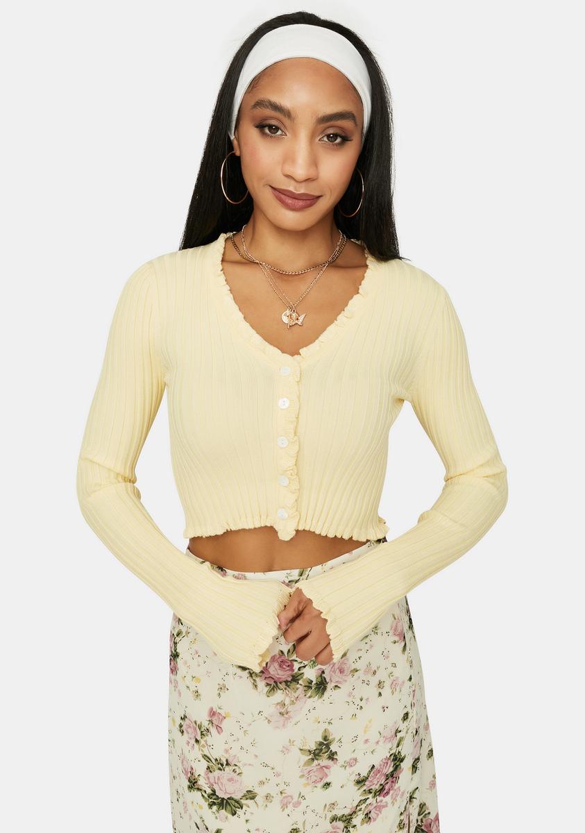 Ribbed Sweater Button Up Crop Top Light Yellow Dolls Kill