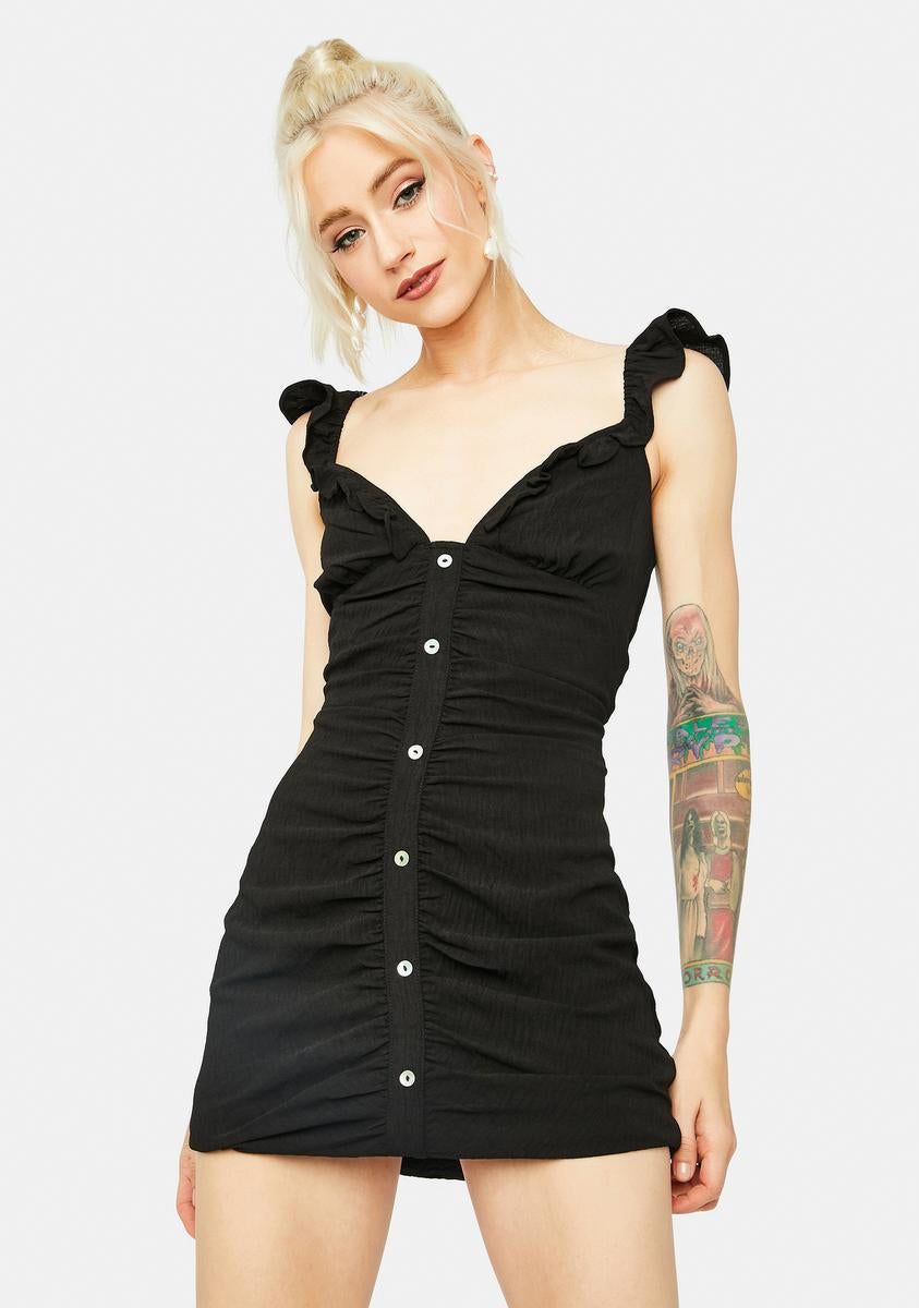 Ruched Ruffle Sleeve Button Up Mini Dress - Black – Dolls Kill