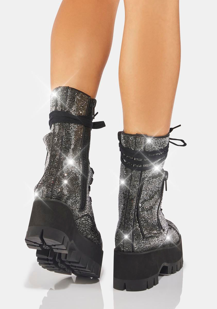 Poster Grl Rhinestone Combat Boots - Gunmetal/Black – Dolls Kill