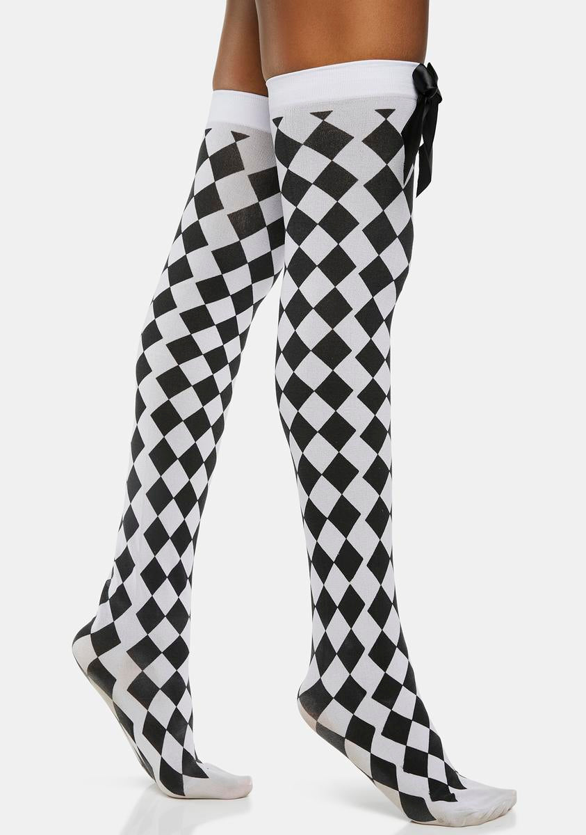 Checkered Bow Thigh-High Socks - Black/White – Dolls Kill
