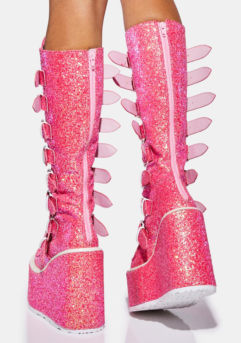 Demonia Pink Glitter Boots Demonia Swing-815 Knee High Buckle