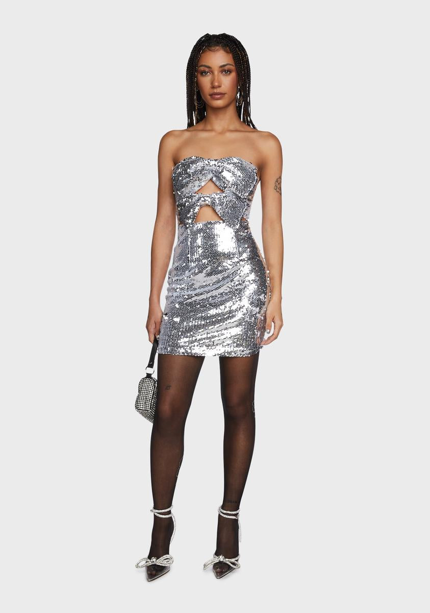 x_Mable Sequin Front Cutout Bow Mini Dress - Silver | Small