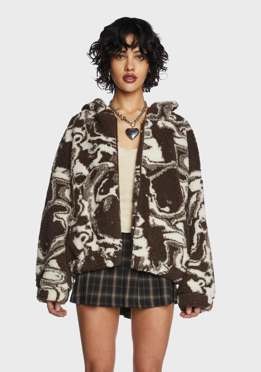 Brown Swirl Print Teddy Jacket Pretty Garbage,New Products : American Fashion Style Bags On Sale Brown Swirl Print Teddy Jacket Pretty Garbage,New Products : American Fashion Style Bags On Sale