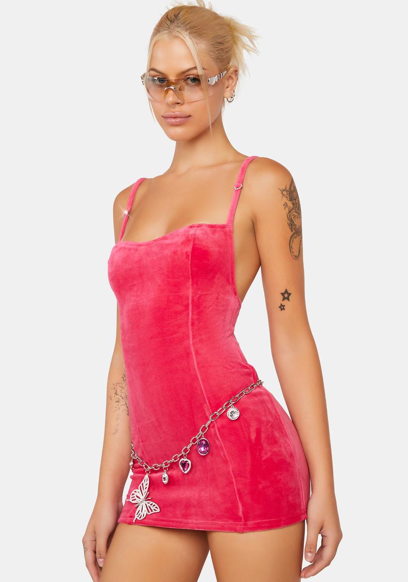 Rhinestone Heart Detail Velour Mini Dress - Pink Dolls Kill Rhinestone Heart Detail Velour Mini Dress - Pink Dolls Kill
