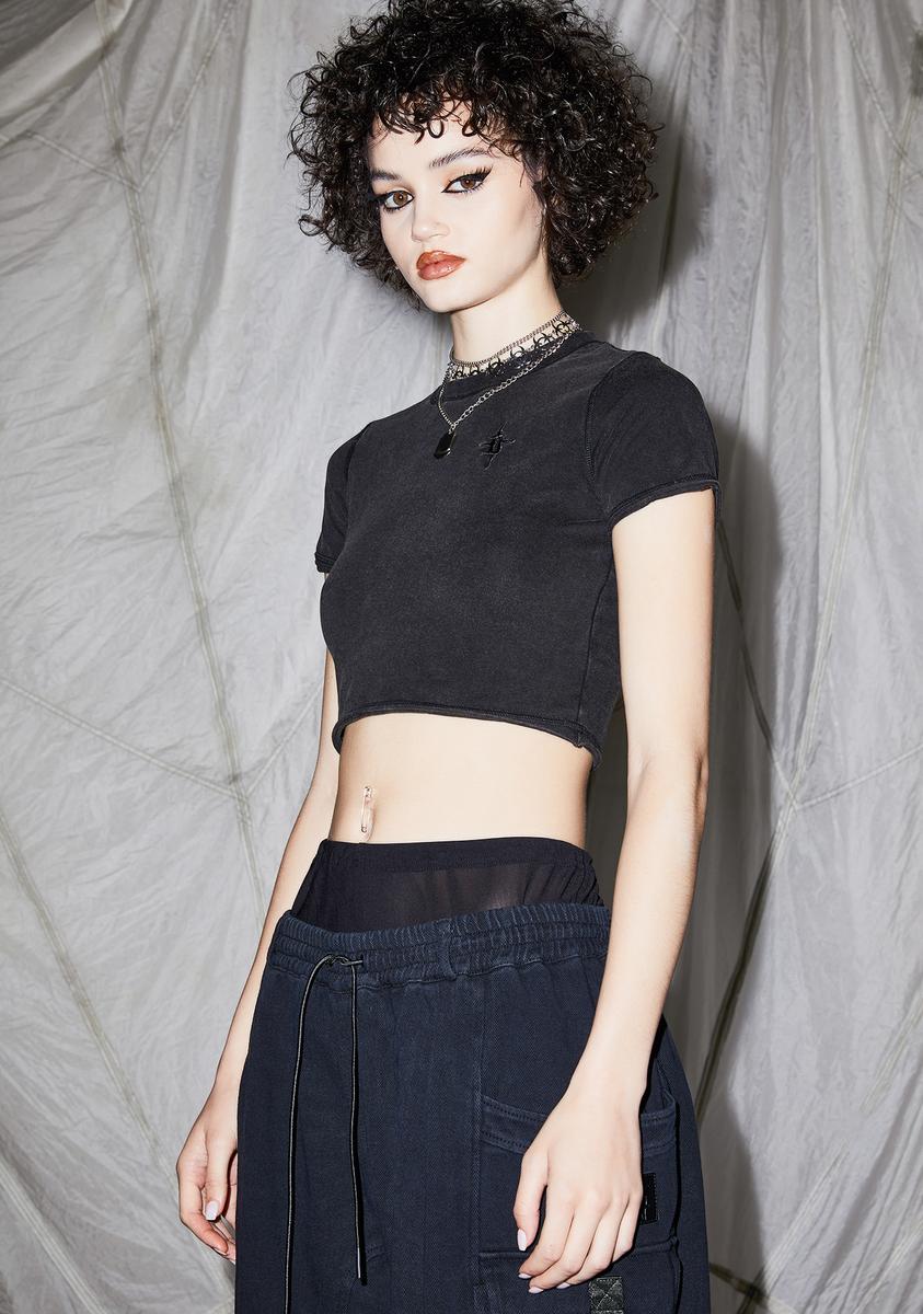 Darker Wavs D Logo Crop Tee - Washed Black – Dolls Kill