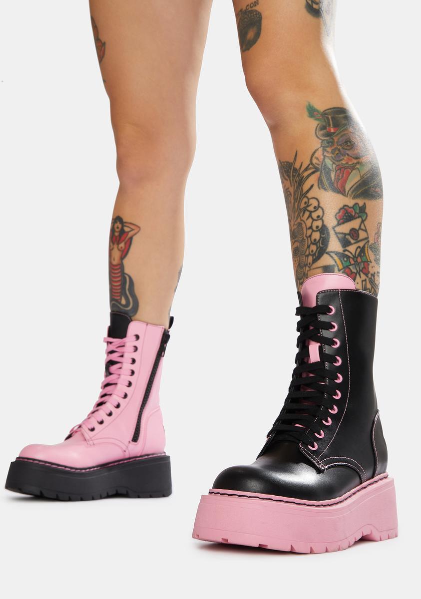 Dolls Kill X Tokidoki Mismatch Contrast Combat Boots Black Pink