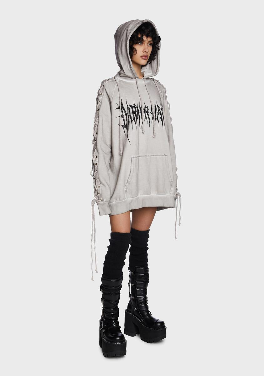 Darker Wavs Unisex Lace Up Graphic Hoodie - Washed Off White – Dolls Kill