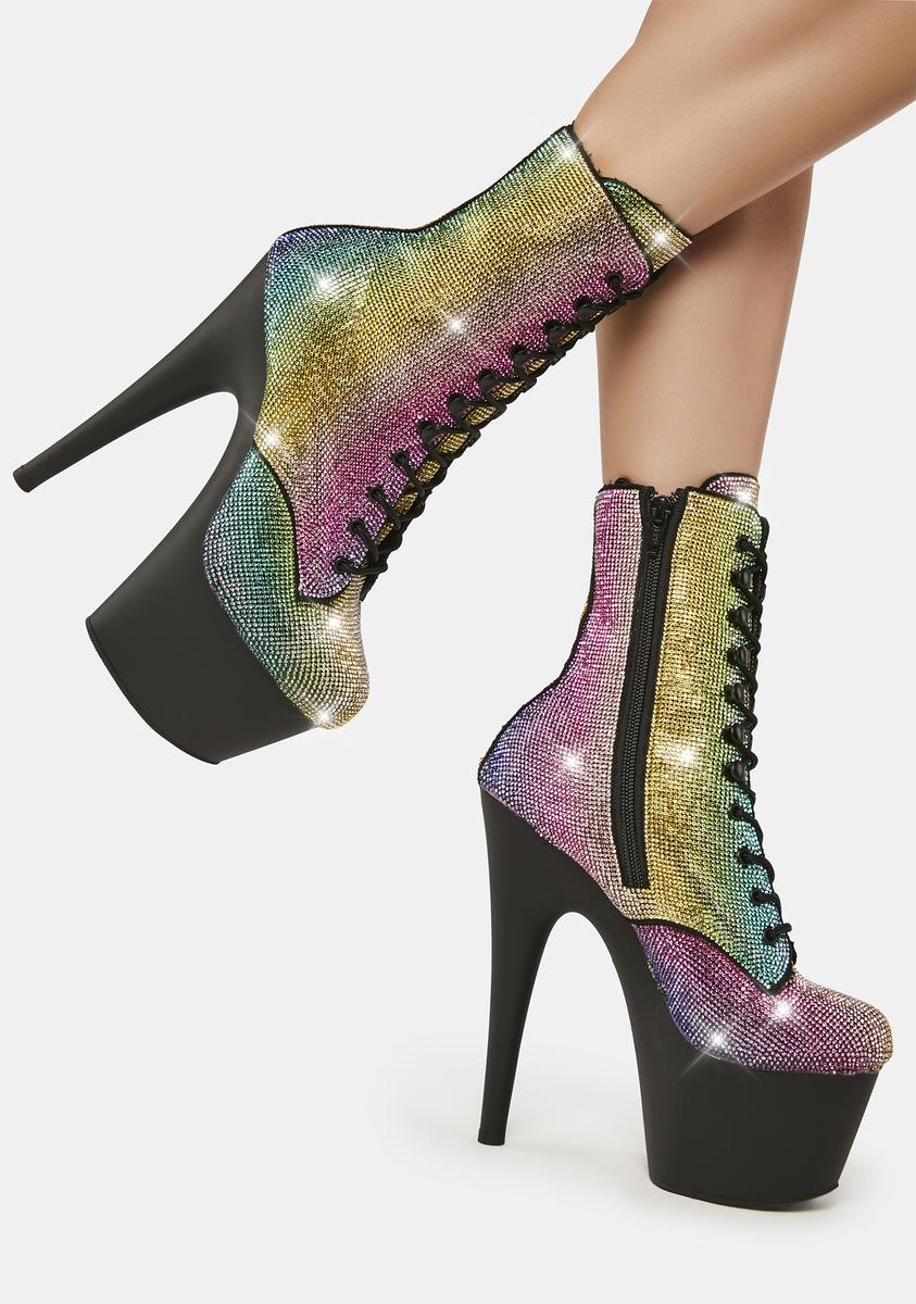 Pleaser Adore-1020 Rhinestone Platform Stiletto Boots - Rainbow – Dolls Kill