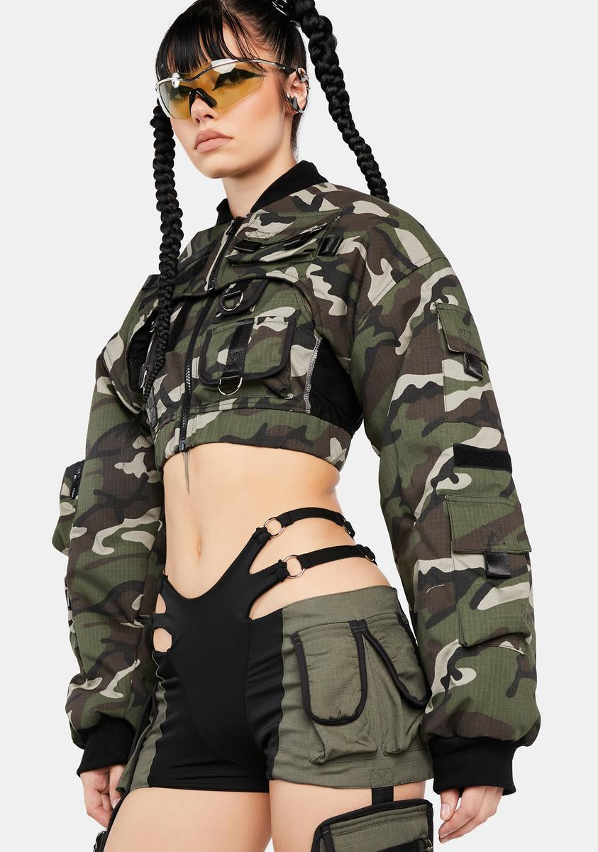 Namilia Super Cropped Camo Print Bomber Jacket - Green – Dolls Kill