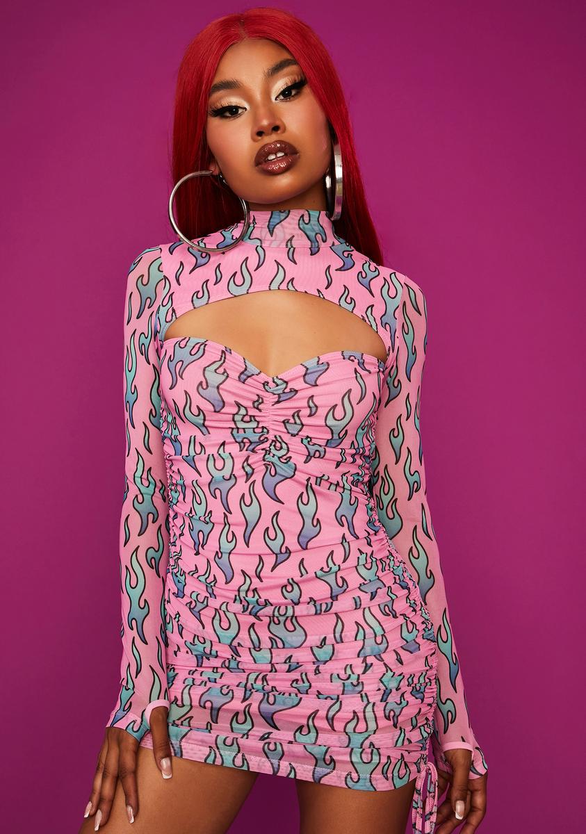 Bratz Flame Print Sheer Mini Dress - Pink Multicolor Dolls Kill Bratz Flame Print Sheer Mini Dress - Pink Multicolor Dolls Kill