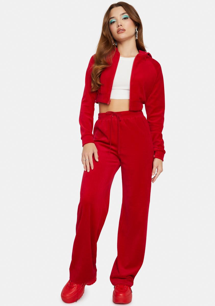 Velour Crop Hoodie And Tracksuit Pants Set - Red – Kill