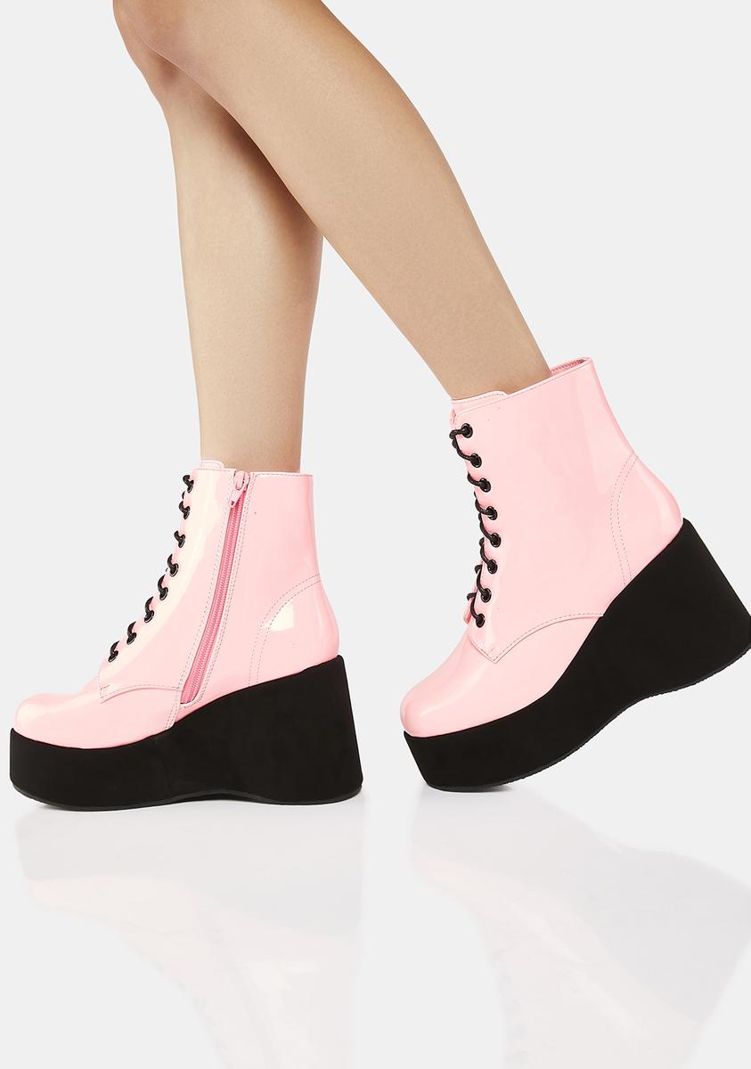 Vegan Leather Patent Platform Boots - Pink