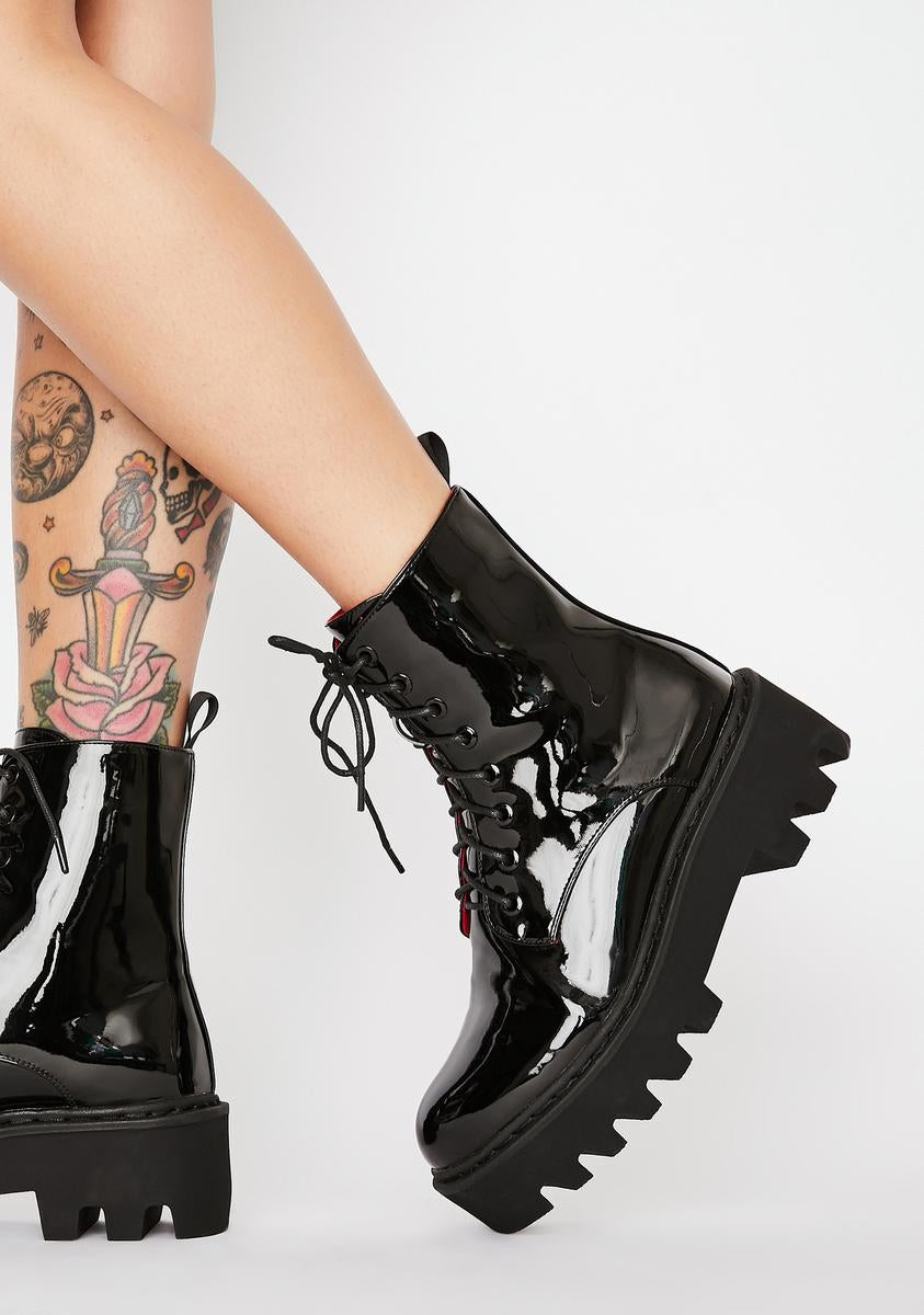 Lamoda Patent Boots Platform Chunky Lace Up Black – Dolls Kill