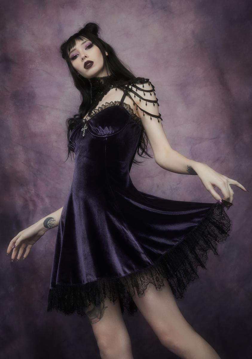 Widow Velvet Cross Charm Lace Trim Mini Dress - Dark Purple – Dolls Kill