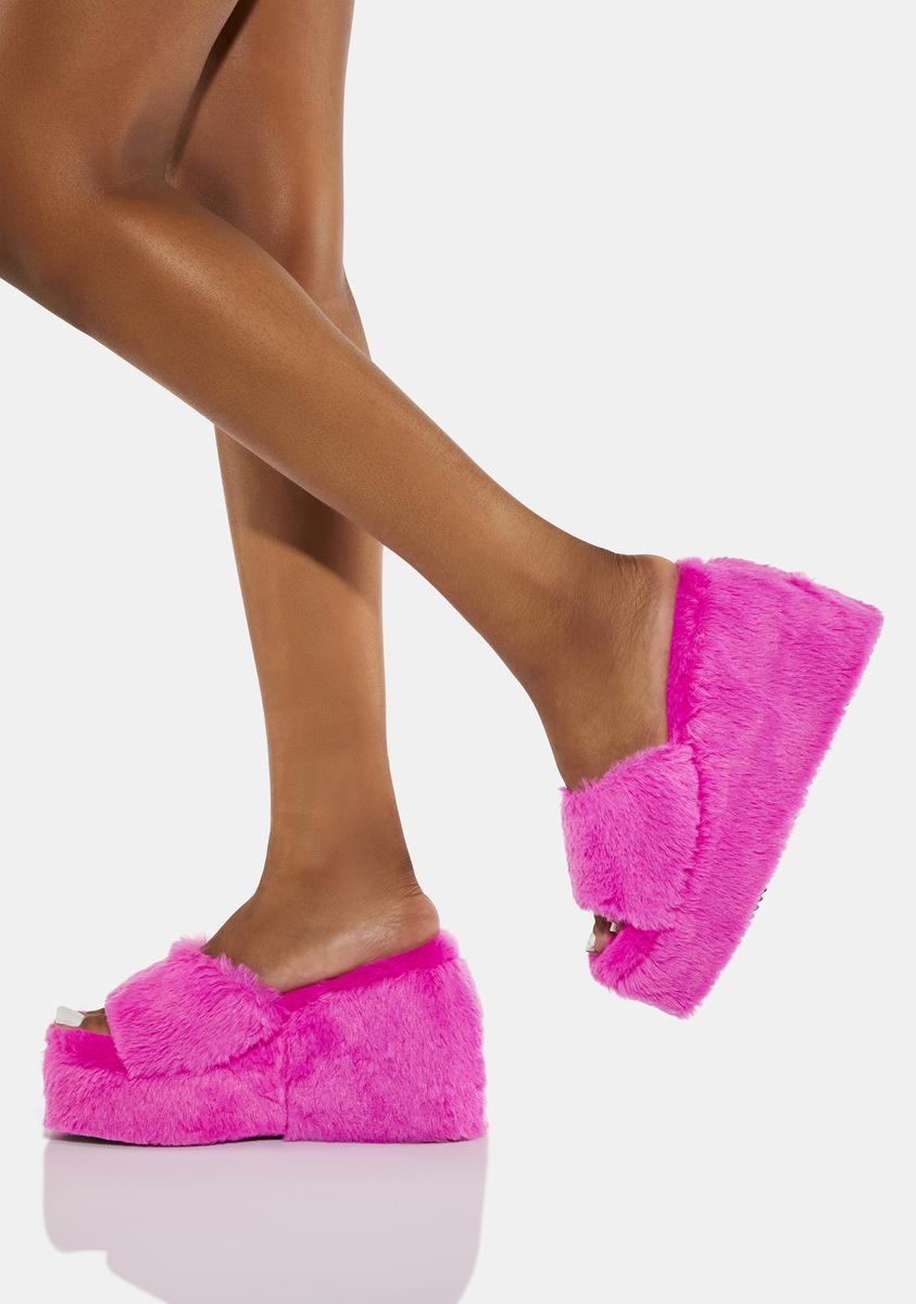 Steve Madden Fuzzy Platform Peep Toe Wedges Pink – Dolls Kill