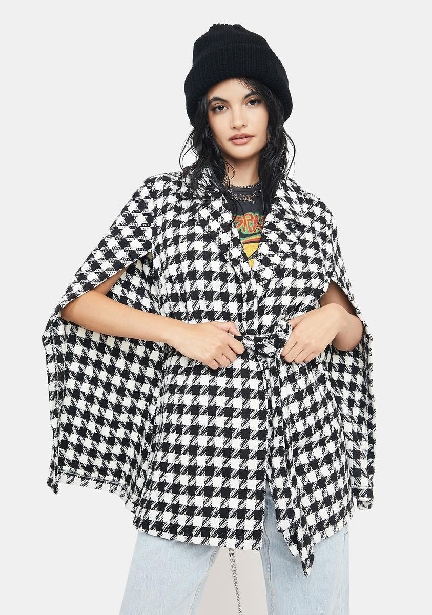 Sleeveless Waist Tie Houndstooth Collared Poncho White Black – Dolls Kill