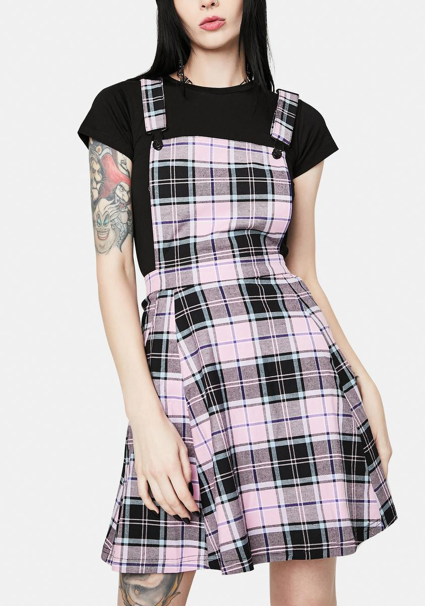 pink plaid pinafore dress Pink 1960s Plaid Tweed Mini Pinafore Dress